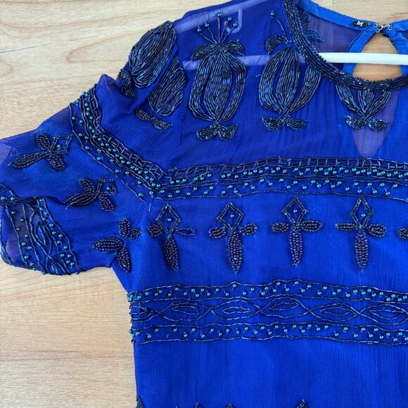 Vintage 1980s Blue Beaded Silk Dress - Picture 8 of 12